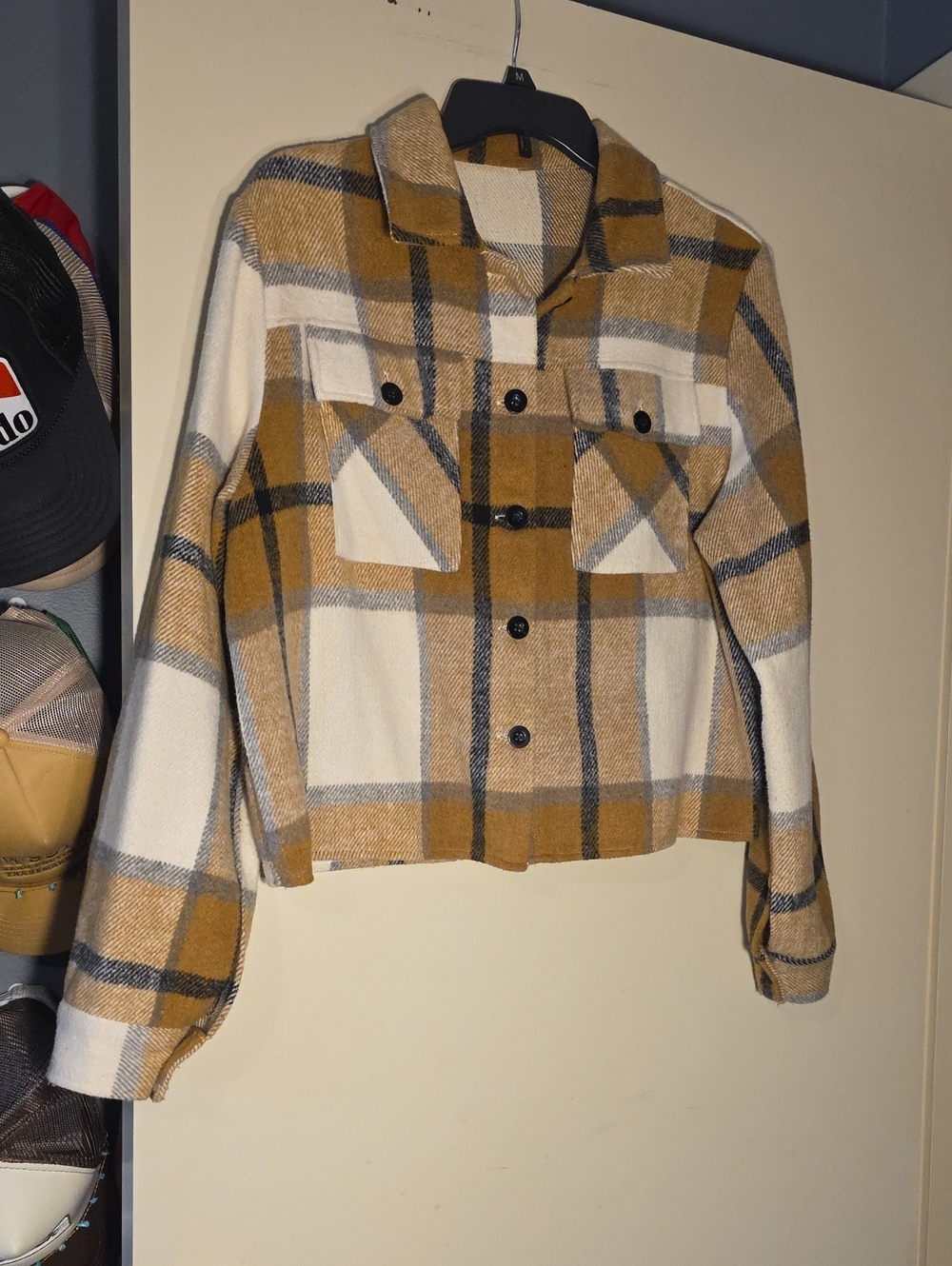 Plaid Button-Front Jacket in Mustard & Cream